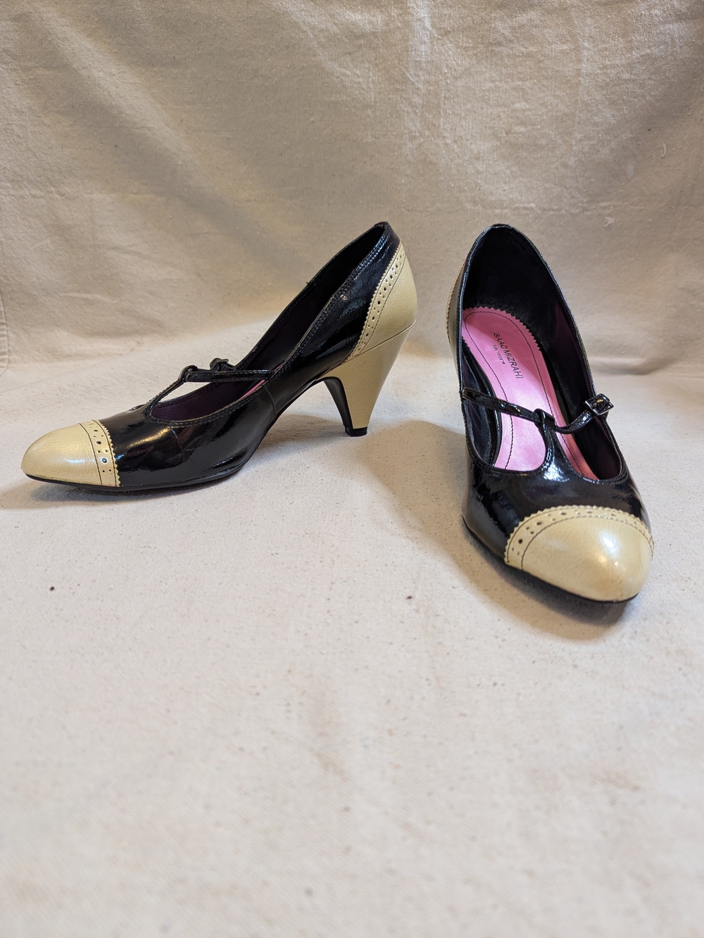Isaac Mizrahi Black and Cream Two-Tone T Strap Mary Jane Heels